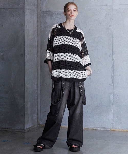 SERACE ルーズシルエットシアーメッシュ半袖ニット ブラック グレー L SERACE】Loose silhouette sheer mesh short sleeve knit