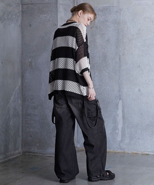 SERACE】Loose silhouette sheer mesh short sleeve knit