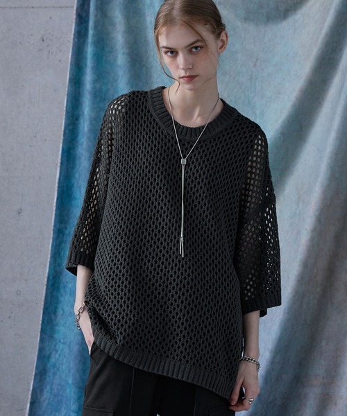 SERACE】Loose silhouette sheer mesh short sleeve knit