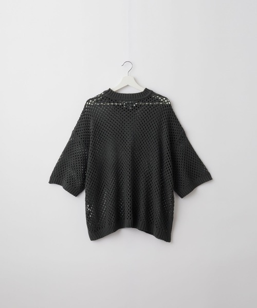SERACE ルーズシルエットシアーメッシュ半袖ニット ブラック グレー L SERACE】Loose silhouette sheer mesh short sleeve knit