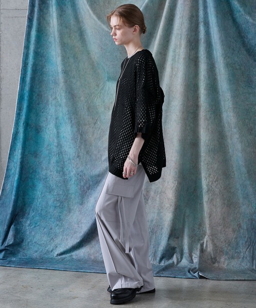 SERACE】Loose silhouette sheer mesh short sleeve knit