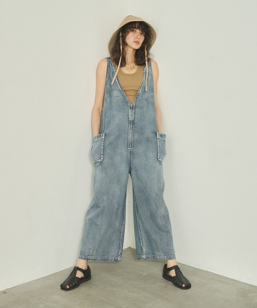 KHA:KI (カーキ) デニム Vネック オーバーオール