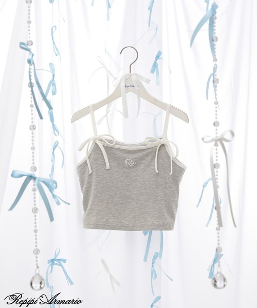 repipi armario(レピピ アルマリオ)の「【girly line】リボンツキシシュウキャミ(キャミソール・キッズ・ホワイト×レッド/ホワイト×ブラック/グレー・SMALL/MEDIUM/LARGE)」の1枚目の写真