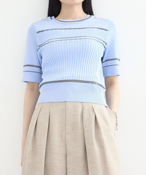 セール】ランダムラインリブニット｜ウォッシャブル/半袖/秋服/サマー