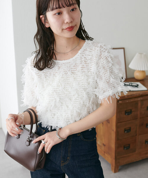シャーリングチュールプルオーバーブラウス【洗える】 WEB限定】チュールシャーリングプルオーバー（シャツ/ブラウス