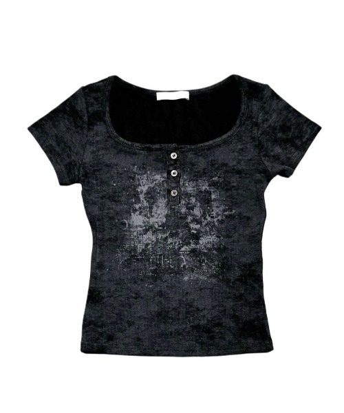 XU(エックスユー)の「【Never mind the XU】marble washed tee / 【ネバーマインド ザ エックスユー】マーブルウォッシュドヘンリーネックプリント半袖Tシャツ(Tシャツ/カットソー・レディース・ブラック/チャコール/ホワイト×グレー・ONE SIZE)」の3枚目の写真