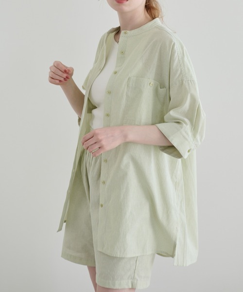 Crisp（クリスプ）の「ハーフスリーブストライプオーバーシャツ（シャツ/ブラウス・レディース・イエロー/グリーン・FREE）」の2枚目の写真