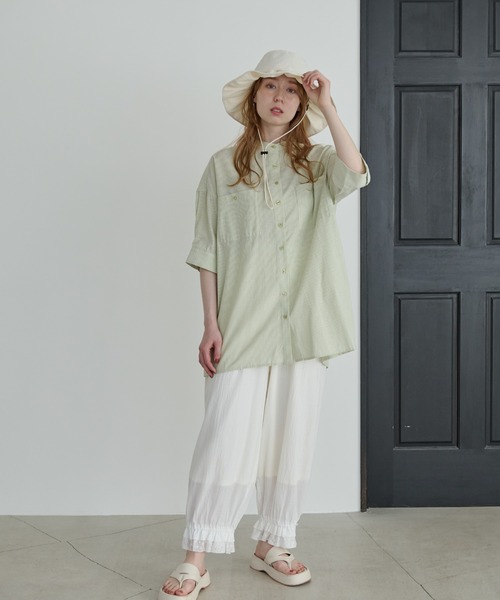 Crisp（クリスプ）の「ハーフスリーブストライプオーバーシャツ（シャツ/ブラウス・レディース・イエロー/グリーン・FREE）」の10枚目の写真