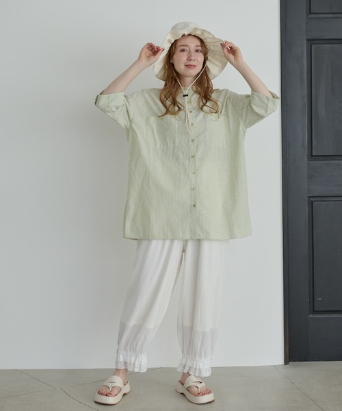 Crisp（クリスプ）の「ハーフスリーブストライプオーバーシャツ（シャツ/ブラウス・レディース・イエロー/グリーン・FREE）」の11枚目の写真