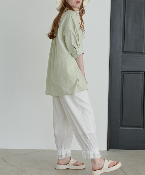 Crisp（クリスプ）の「ハーフスリーブストライプオーバーシャツ（シャツ/ブラウス・レディース・イエロー/グリーン・FREE）」の12枚目の写真