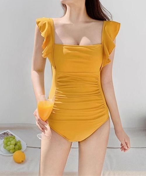 ravijour フリルワンピース　水着　イエロー セール】【6色展開】 ショルダーフリル バックリボン 水着