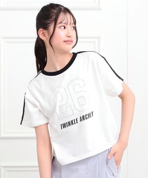 PINK-latte（ピンクラテ）の「ラインストーンナンバリングTシャツ（Tシャツ/カットソー・キッズ）」