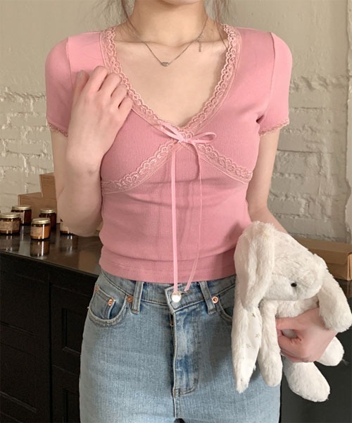 Mayree（メイリー）の「【Mayree】Vネック フロント レース 半袖 カットソー（Tシャツ/カットソー・レディース・ホワイト/グリーン/ピンク/ブラック/グレー・FREE）」の5枚目の写真