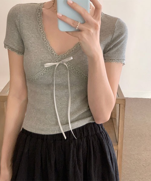 Mayree（メイリー）の「【Mayree】Vネック フロント レース 半袖 カットソー（Tシャツ/カットソー・レディース・ホワイト/グリーン/ピンク/ブラック/グレー・FREE）」の7枚目の写真