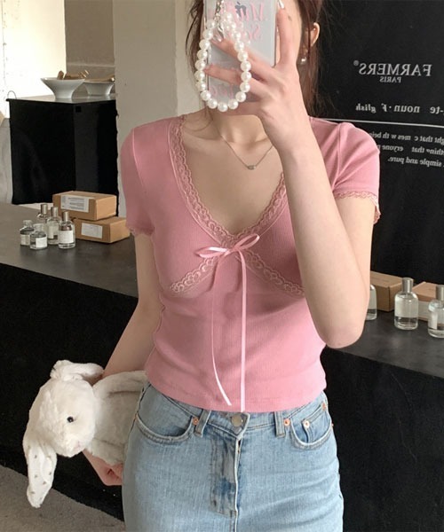 Mayree（メイリー）の「【Mayree】Vネック フロント レース 半袖 カットソー（Tシャツ/カットソー・レディース・ホワイト/グリーン/ピンク/ブラック/グレー・FREE）」の9枚目の写真