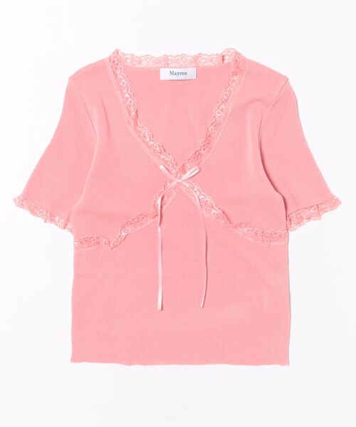 Mayree（メイリー）の「【Mayree】Vネック フロント レース 半袖 カットソー（Tシャツ/カットソー・レディース・ホワイト/グリーン/ピンク/ブラック/グレー・FREE）」の19枚目の写真