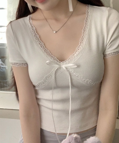 Mayree（メイリー）の「【Mayree】Vネック フロント レース 半袖 カットソー（Tシャツ/カットソー・レディース・ホワイト/グリーン/ピンク/ブラック/グレー・FREE）」の15枚目の写真