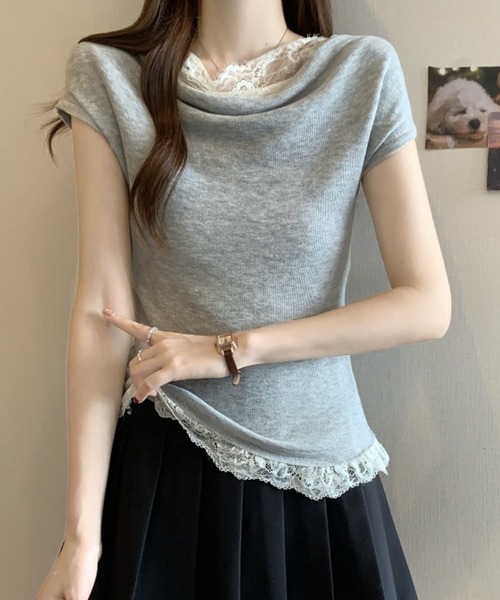 Lace Ladies(レースレディース)の「2wayレース ドッキング オフショル フレンチスリーブ ニットソー(Tシャツ/カットソー・レディース・ホワイト/ピンク/アイボリー/ブラック/グレー・FREE)」の4枚目の写真