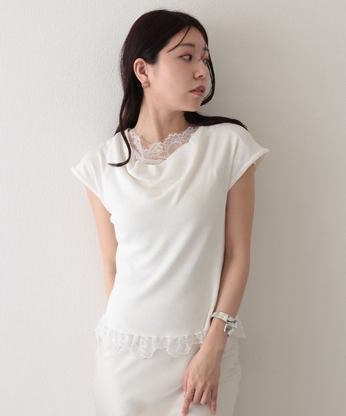 Lace Ladies(レースレディース)の「2wayレース ドッキング オフショル フレンチスリーブ ニットソー(Tシャツ/カットソー・レディース・ホワイト/ピンク/アイボリー/ブラック/グレー・FREE)」の1枚目の写真