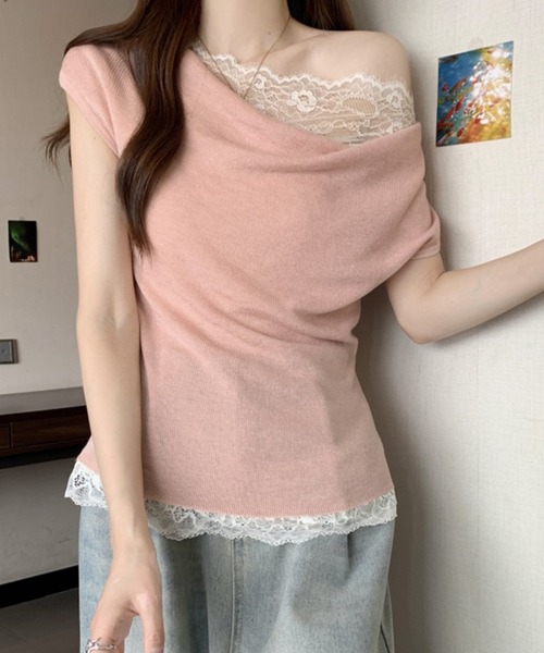 Lace Ladies(レースレディース)の「2wayレース ドッキング オフショル フレンチスリーブ ニットソー(Tシャツ/カットソー・レディース・ホワイト/ピンク/アイボリー/ブラック/グレー・FREE)」の5枚目の写真