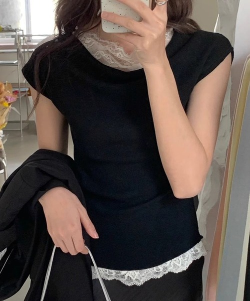 Lace Ladies(レースレディース)の「2wayレース ドッキング オフショル フレンチスリーブ ニットソー(Tシャツ/カットソー・レディース・ホワイト/ピンク/アイボリー/ブラック/グレー・FREE)」の3枚目の写真