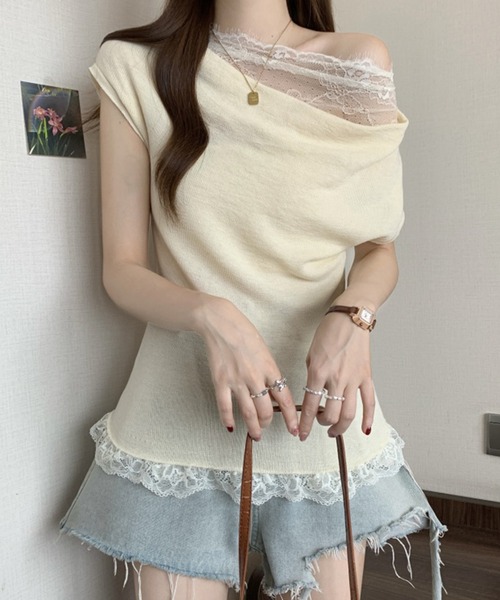 Lace Ladies(レースレディース)の「2wayレース ドッキング オフショル フレンチスリーブ ニットソー(Tシャツ/カットソー・レディース・ホワイト/ピンク/アイボリー/ブラック/グレー・FREE)」の21枚目の写真