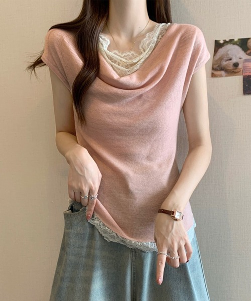 Lace Ladies(レースレディース)の「2wayレース ドッキング オフショル フレンチスリーブ ニットソー(Tシャツ/カットソー・レディース・ホワイト/ピンク/アイボリー/ブラック/グレー・FREE)」の6枚目の写真