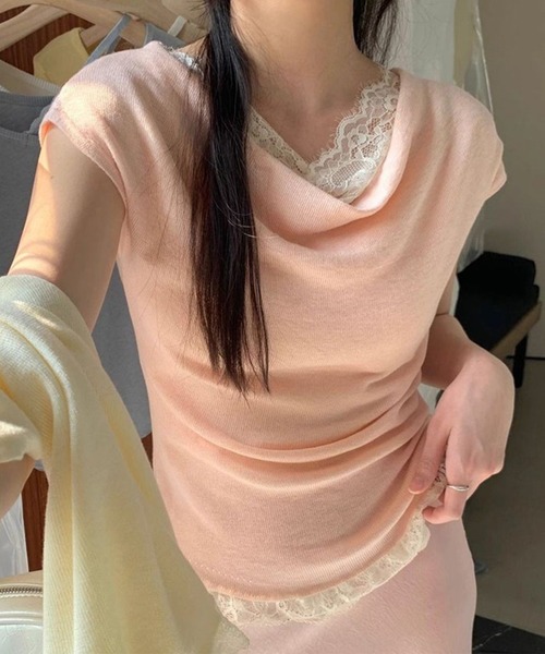 Lace Ladies(レースレディース)の「2wayレース ドッキング オフショル フレンチスリーブ ニットソー(Tシャツ/カットソー・レディース・ホワイト/ピンク/アイボリー/ブラック/グレー・FREE)」の7枚目の写真