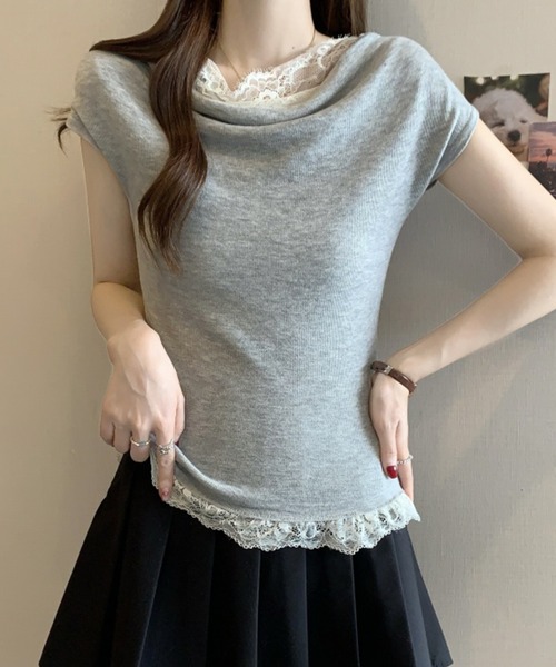 Lace Ladies(レースレディース)の「2wayレース ドッキング オフショル フレンチスリーブ ニットソー(Tシャツ/カットソー・レディース・ホワイト/ピンク/アイボリー/ブラック/グレー・FREE)」の8枚目の写真