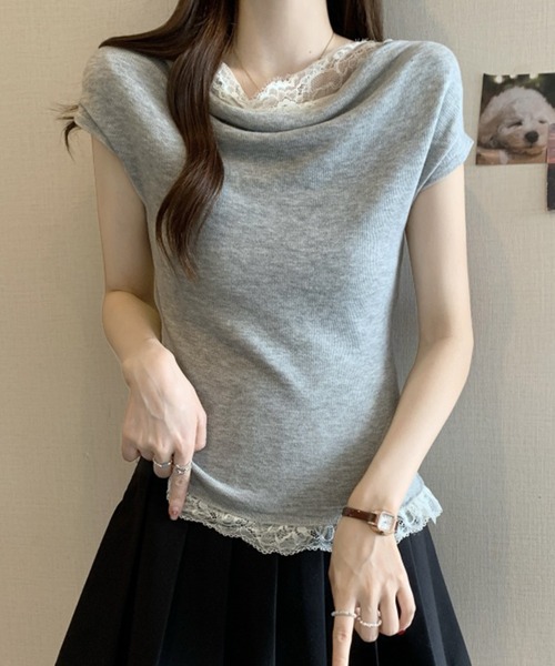 Lace Ladies(レースレディース)の「2wayレース ドッキング オフショル フレンチスリーブ ニットソー(Tシャツ/カットソー・レディース・ホワイト/ピンク/アイボリー/ブラック/グレー・FREE)」の9枚目の写真