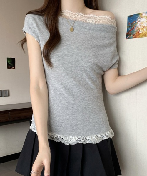 Lace Ladies(レースレディース)の「2wayレース ドッキング オフショル フレンチスリーブ ニットソー(Tシャツ/カットソー・レディース・ホワイト/ピンク/アイボリー/ブラック/グレー・FREE)」の10枚目の写真