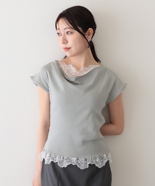Lace Ladies(レースレディース)の「2wayレース ドッキング オフショル フレンチスリーブ ニットソー(Tシャツ/カットソー・レディース・ホワイト/ピンク/アイボリー/ブラック/グレー・FREE)」の12枚目の写真