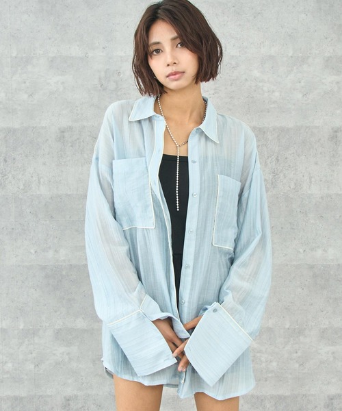 ANAP(アナップ)の「配色パイピング ビッグカフス オーバーサイズシャツ(シャツ/ブラウス・レディース・ブラウン/イエロー/ブルー・FREE)」の7枚目の写真