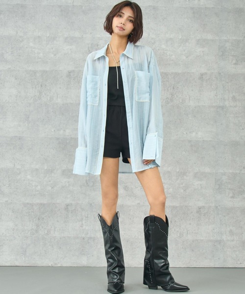 ANAP(アナップ)の「配色パイピング ビッグカフス オーバーサイズシャツ(シャツ/ブラウス・レディース・ブラウン/イエロー/ブルー・FREE)」の8枚目の写真