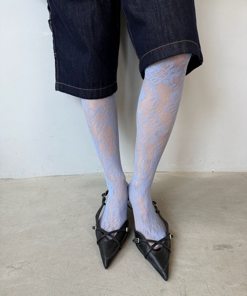 SANSeLF】 フラワーレースタイツ シアーリブ編み ニュアンスカラー