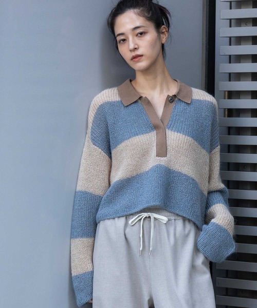 Munich（ミューニック）の「5GG片畦編みモヘアニットボーダーポロニット（Tシャツ/カットソー・レディース・ライトベージュ/グレー/グリーン・FREE）」の3枚目の写真