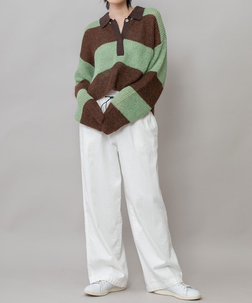 Munich（ミューニック）の「5GG片畦編みモヘアニットボーダーポロニット（Tシャツ/カットソー・レディース・ライトベージュ/グレー/グリーン・FREE）」の9枚目の写真