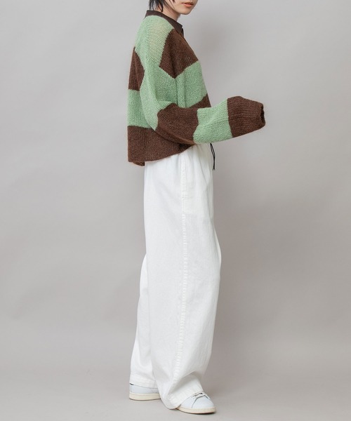 Munich（ミューニック）の「5GG片畦編みモヘアニットボーダーポロニット（Tシャツ/カットソー・レディース・ライトベージュ/グレー/グリーン・FREE）」の8枚目の写真