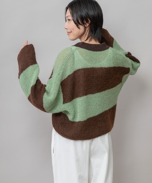 Munich（ミューニック）の「5GG片畦編みモヘアニットボーダーポロニット（Tシャツ/カットソー・レディース・ライトベージュ/グレー/グリーン・FREE）」の6枚目の写真