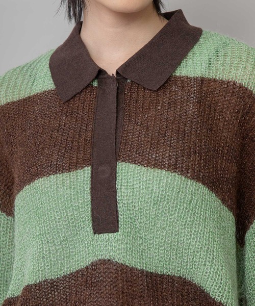 Munich（ミューニック）の「5GG片畦編みモヘアニットボーダーポロニット（Tシャツ/カットソー・レディース・ライトベージュ/グレー/グリーン・FREE）」の11枚目の写真