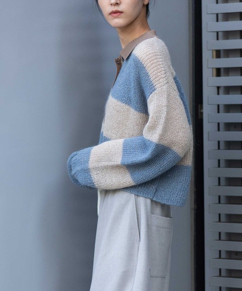 Munich（ミューニック）の「5GG片畦編みモヘアニットボーダーポロニット（Tシャツ/カットソー・レディース・ライトベージュ/グレー/グリーン・FREE）」の17枚目の写真