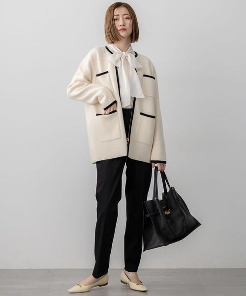 23区（ニジュウサンク）の「【洗える】ミニブークレニット バイカラー ジャケット（カーディガン/ボレロ・レディース・ブラック系1/アイボリー系1・38）」の14枚目の写真