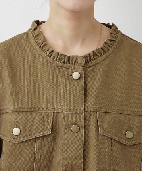 WILLOW（ウィロー）の「【willow】ノーカラー微フリル袖ボリュームブルゾン（デニムジャケット・レディース・カーキ/チャコールグレー・ONE SIZE）」の15枚目の写真