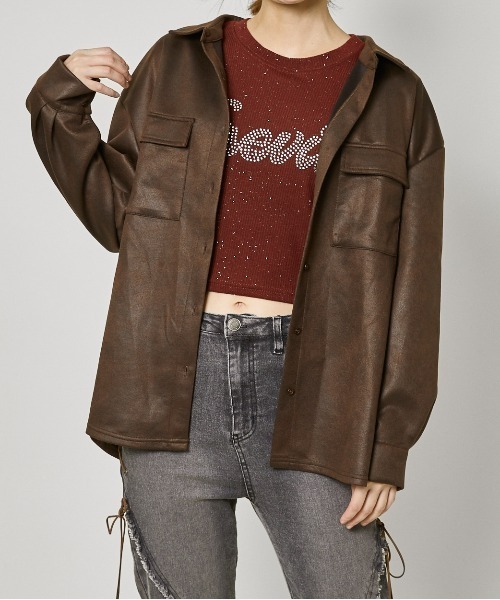 GORGE（ゴージ）の「《フェイクレザー見え×ゆるシルエット》一枚でサマ見え！合皮風ポンチジャケット（その他アウター・レディース・ブラック/ダークブラウン/ブラウン・F）」の3枚目の写真