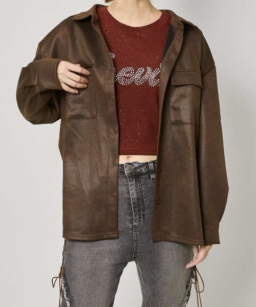 GORGE（ゴージ）の「《フェイクレザー見え×ゆるシルエット》一枚でサマ見え！合皮風ポンチジャケット（その他アウター・レディース・ブラック/ダークブラウン/ブラウン・F）」の14枚目の写真