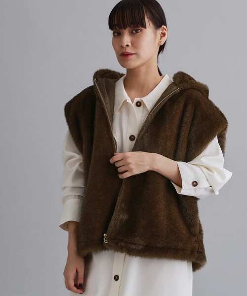 es】ミンクライクフェイクファーフードベスト【洗える】