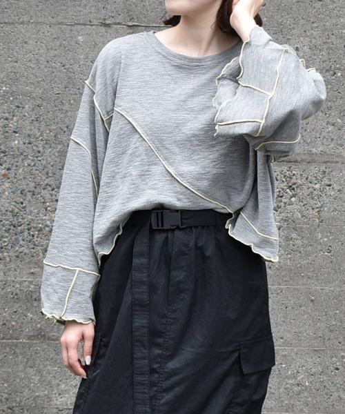 Bleu Bleuet（ブルーブルーエ）の「【ZOZO限定】配色メローショートトップス（Tシャツ/カットソー・レディース・ベージュ/オフホワイト/グレー・FREE）」の3枚目の写真