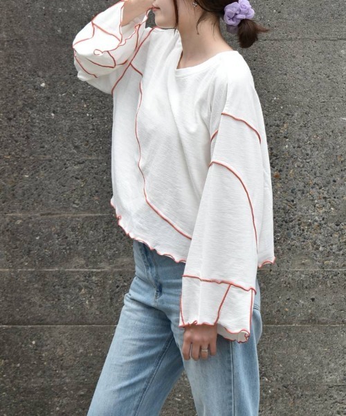 Bleu Bleuet（ブルーブルーエ）の「【ZOZO限定】配色メローショートトップス（Tシャツ/カットソー・レディース・ベージュ/オフホワイト/グレー・FREE）」の2枚目の写真