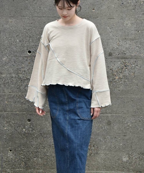 Bleu Bleuet（ブルーブルーエ）の「【ZOZO限定】配色メローショートトップス（Tシャツ/カットソー・レディース・ベージュ/オフホワイト/グレー・FREE）」の13枚目の写真