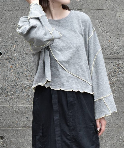 Bleu Bleuet（ブルーブルーエ）の「【ZOZO限定】配色メローショートトップス（Tシャツ/カットソー・レディース・ベージュ/オフホワイト/グレー・FREE）」の5枚目の写真